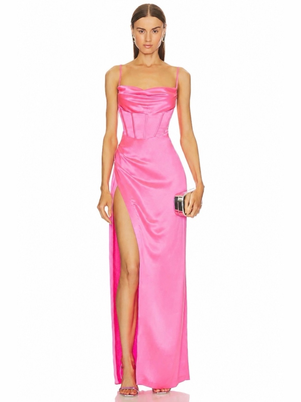 Retrofete Rosa Maxi Dress Corset Drape Open Back Satin Slip Gown Pink Sz Large